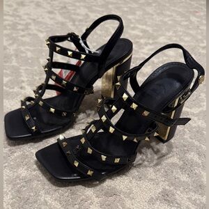 Black Studded Strappy High Heel Sandals with Gold Accents